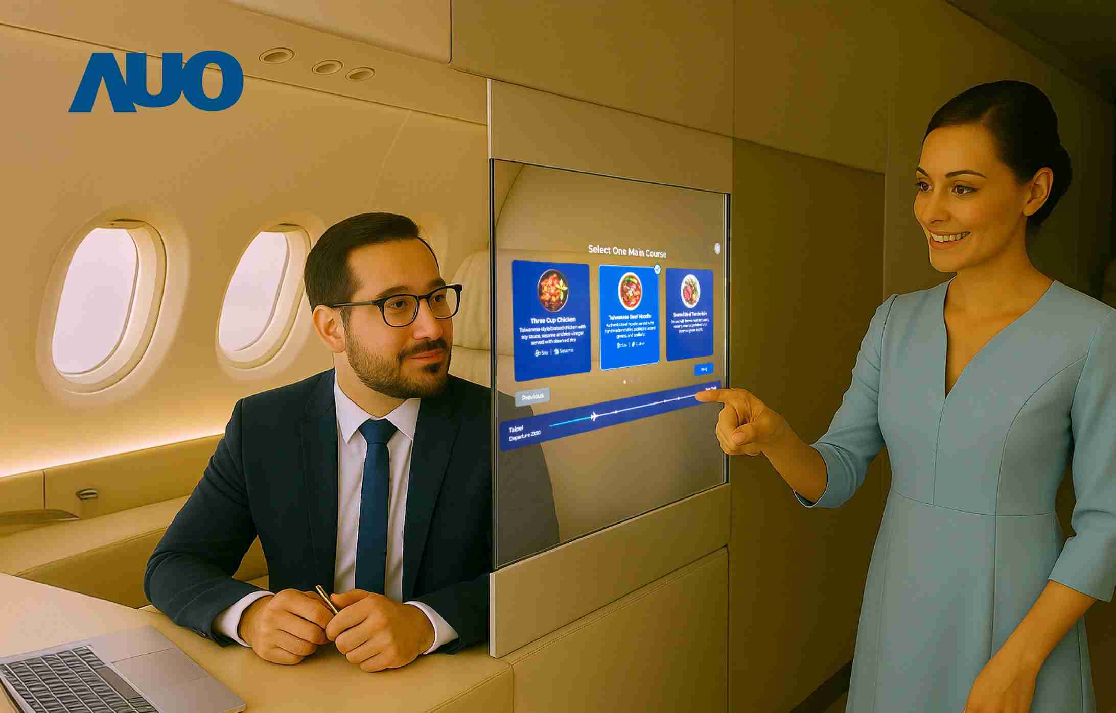 云顶国际8588yd研发全球最薄17.3 吋双面透明 Micro LED 显示器，，可在同一屏幕之双边投射不同信息，，创造独特的”透明化”互动；图为实时翻译交流应用情境